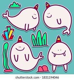hand drawn kawaii doodle cartoon dolphin design for wallpaper, stickers, coloring books, pins, emblems logos and more
