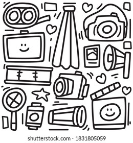 hand drawn kawaii doodle cartoon camera design for wallpaper, stickers, coloring books, pins, emblems logos and more