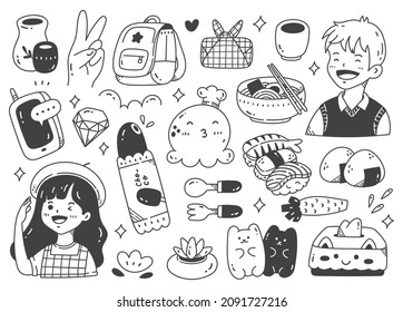 Hand drawn kawaii doodle collection, people, food, animal etc