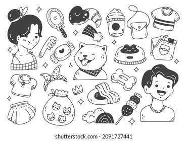Hand drawn kawaii doodle collection, people, food, animal, fashion etc