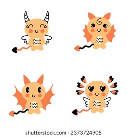 Hand drawn kawaii dragons vector clipart collection. Animal Happy New Year 2024 cartoon character set. Perfect for tee, poster, greeting card, stickers. 