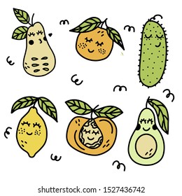 Hand drawn kawaii fruits. Set of cute fruits. Avocado, cucumber, peach, lemon. Vector on white background.