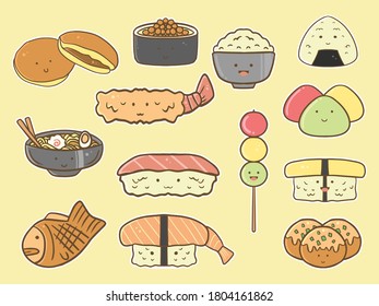 hand drawn kawaii japanese food set collection