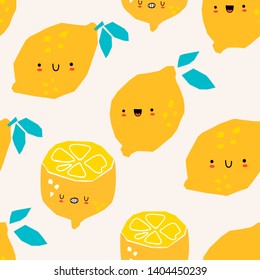 Hand drawn kawaii lemons. Face emotions. Colored vector seamless pattern, Pink background