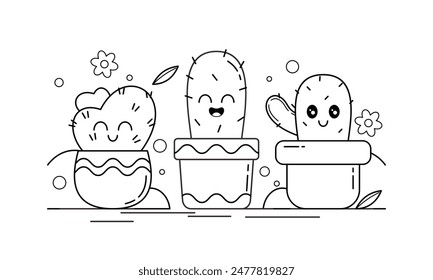 Hand Drawn Kawaii Plant Coloring Book with Cute Expressions Illustration