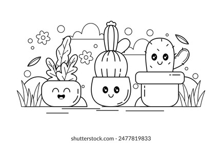 Hand Drawn Kawaii Plant Coloring Book with Cute Expressions Illustration