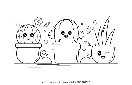 Hand Drawn Kawaii Plant Coloring Book with Cute Expressions Illustration