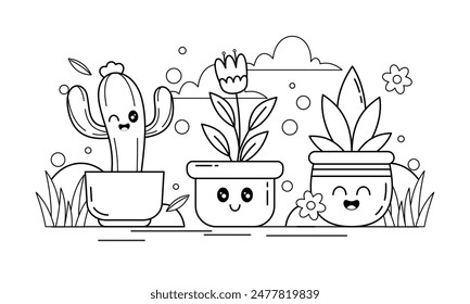 Hand Drawn Kawaii Plant Coloring Book with Cute Expressions Illustration