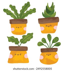 Hand drawn kawaii plants illustration