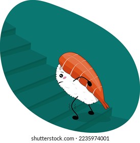 Hand drawn kawaii style  illustration asian food sushi ebi roll going up the stairs