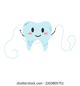 Hand drawn kawaii tooth character using dental floss in cartoon flat style. Vector illustration of teeth cleaning process, dental care concept, oral hygiene.
