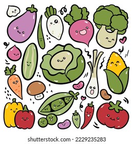 Hand drawn kawaii vegetables doodle