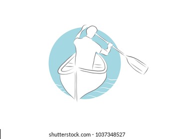 Hand drawn kayak with illustration of kayaking: man with paddle in a kayak canoe