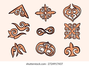 Elementos ornamentales kazajos dibujados a mano en Colores cálidos
