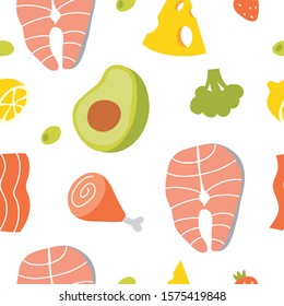 Hand drawn Keto diet flat illustration. Healthy ketogenic diet seamless pattern