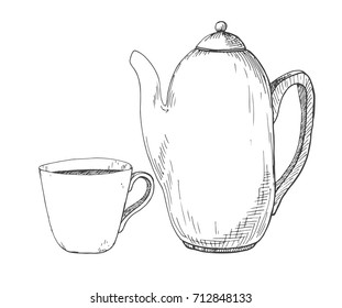 Hand drawn kettle and a mug. Vector illustration of a sketch style.