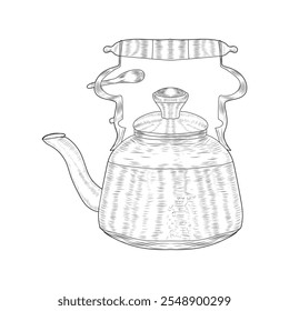 hand drawn kettle vector art illustration black and white 