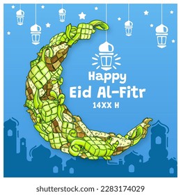 Hand Drawn Ketupat Forms a Crescent Moon as a Greeting for Happy Eid Al-Fitr Illustration