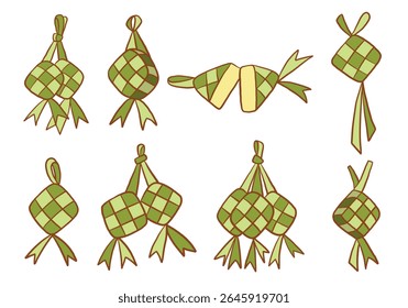 Mão desenhada Ketupat ícone tradicional. Uma coleção festiva de ícones de ketupat, incluindo simples variações duplas e fatiadas com detalhes de fita tecida e muito mais. Perfeito para temas culinários de decoração Eid