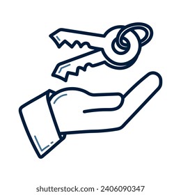 Hand drawn hand with a key doodle line illustration. hand with a key icon vector.