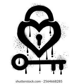 Hand drawn key and heart shaped padlock with black spray paint graffiti