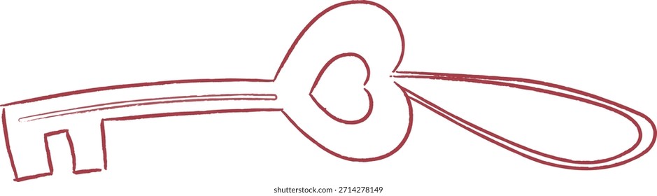 Hand drawn key with heart shaped bow and elongated stem, rough sketch contour and minimal detail. Symbol of love, romance, security, commitment, and access. Cartoon vector illustration.
