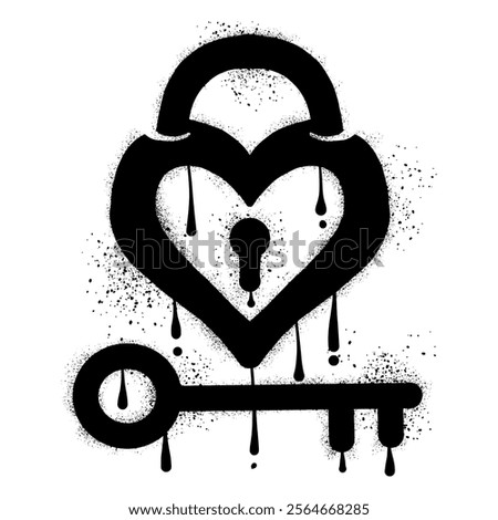 Hand drawn key and heart shaped padlock with black spray paint graffiti