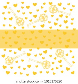 Hand drawn key and hearts invitation/thank you/event/valentine vector card template in gold and white colors palette