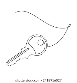 Hand drawn key icon vector. One line continuous drawing. Minimal illustration, outline print, design, banner, card, brochure, poster, menu, logo, sign, symbol. New home, flat, apartment, real estate.