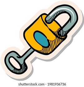 Tecla dibujada a mano y candado en ilustración vectorial de estilo adhesivo