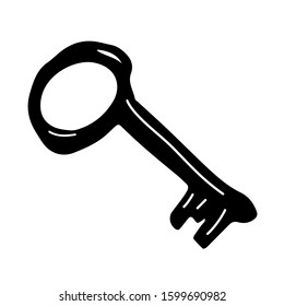 Hand drawn key silhouette. The key is a symbol of opportunity and open doors. It can be used both for a metaphor and for a logo or linear icon. Vector outline stock  illustration, isolated fon.