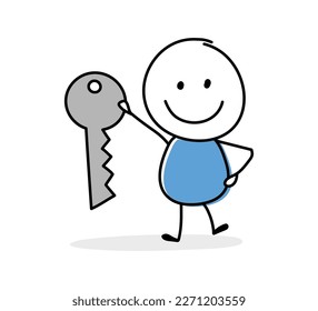 Hand drawn key symbol. Funny concept with a stickman holding icon. Cartoon style design. Vector illustration