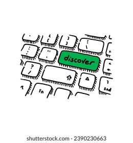 handgezeichnete Tastatur und Taste zum Entdecken. doodle Tastatur und Entdecken Konzept. Vektorentdeckungsknopf