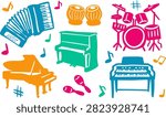 hand drawn keyboard musical instruments clipart set with piano accordion drums notes isolated on white background for kids