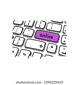 handgezeichnete Tastatur und Online-Taste. doodle-Tastatur und Online-Konzept. Vektor-Online-Schaltfläche
