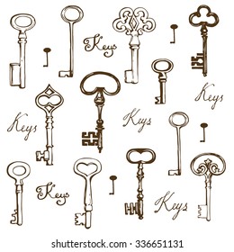 hand drawn keys set vector illustration