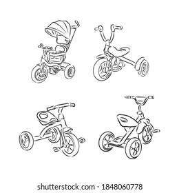 Hand drawn kid bicycle doodle. Sketch children's toy icon. Decoration element. Isolated on white background. Vector illustration. children's Bicycle vector sketch illustration