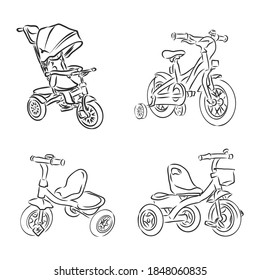 Hand drawn kid bicycle doodle. Sketch children's toy icon. Decoration element. Isolated on white background. Vector illustration. children's Bicycle vector sketch illustration