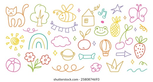 Hand drawn kid crayon illustrations. Children lines icons, arrow, figures, brush, chalk scribble. Pencil or marker underline set. Child geometric abstract elements. Shapes in doodle style. Vector