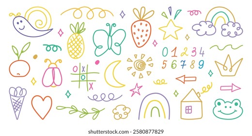 Hand drawn kid crayon illustrations. Children lines icons, arrow, figures, brush, chalk scribble. Pencil or marker underline set. Child geometric abstract elements. Shapes in doodle style. Vector