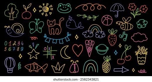 Hand drawn kid crayon illustrations. Children lines icons, arrow, figures, brush, chalk scribble. Pencil or marker underline set. Child geometric abstract elements. Shapes in doodle style. Vector