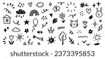 Hand drawn kid icon sketch funny cute element flower, cloud, balloon. Doodle line sketch childish element set. Flower, heart, cloud children draw style design elements background. Vector illustration