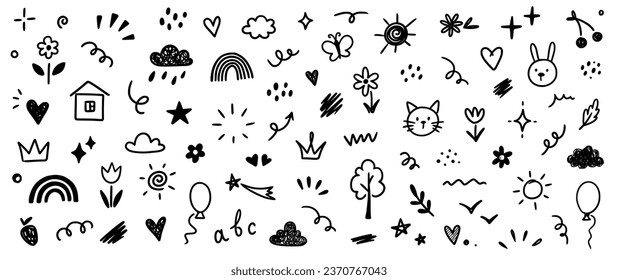 Hand drawn kid icon sketch funny cute element flower, cloud, balloon. Doodle line sketch childish element set. Flower, heart, cloud children draw style design elements background. Vector illustration