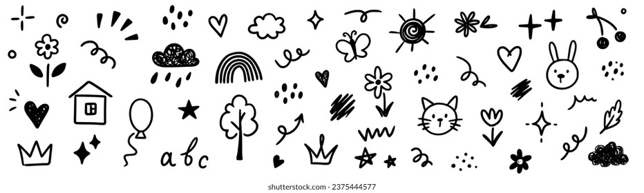 Icono dibujado a mano boceto lindo elemento divertido flor, nube, globo. Esbozo de la línea del perro conjunto de elementos infantiles. Flor, corazón, nubes niños dibujan elementos de diseño de fondo. Ilustración del vector