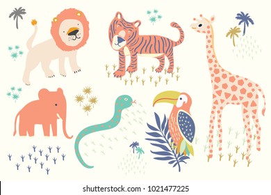 Hand drawn of kid illustration features tiger,lion,hornbills bird,giraffe,elephant,snake,tropical palms isolated on white background.