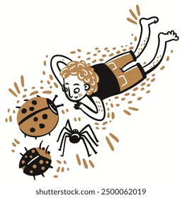 Hand Drawn kid on the floor staring at a bug and a spider