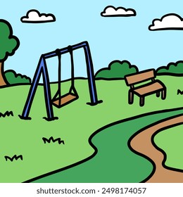 Hand drawn kid playground in the park with slider, bench, green grass, tree, blue sky for park, outdoor, nature, garden, environment, green space, relax area, spring, summer, landscape, scenery, print