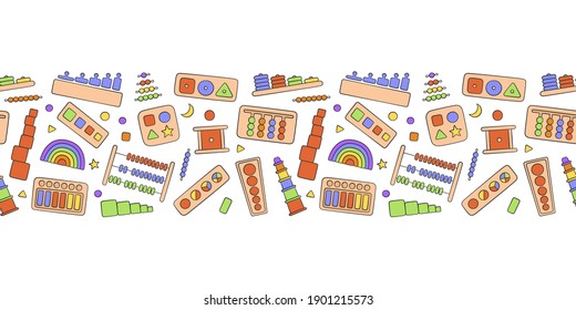 Hand drawn kid toys for Montessori games. Education logic toys for preschool children. Montessori system for early childhood development. Vector background in doodle style