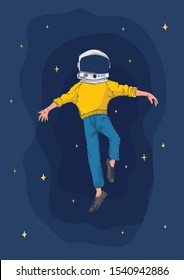 Hand Drawn Kid Wearing Astronaut Helmet Dancing In Outer Space