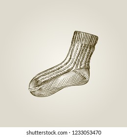 Hand Drawn Kid wool sock Sketch Symbol isolated on old paper background. Vector of Knitting elements In Vintage Style